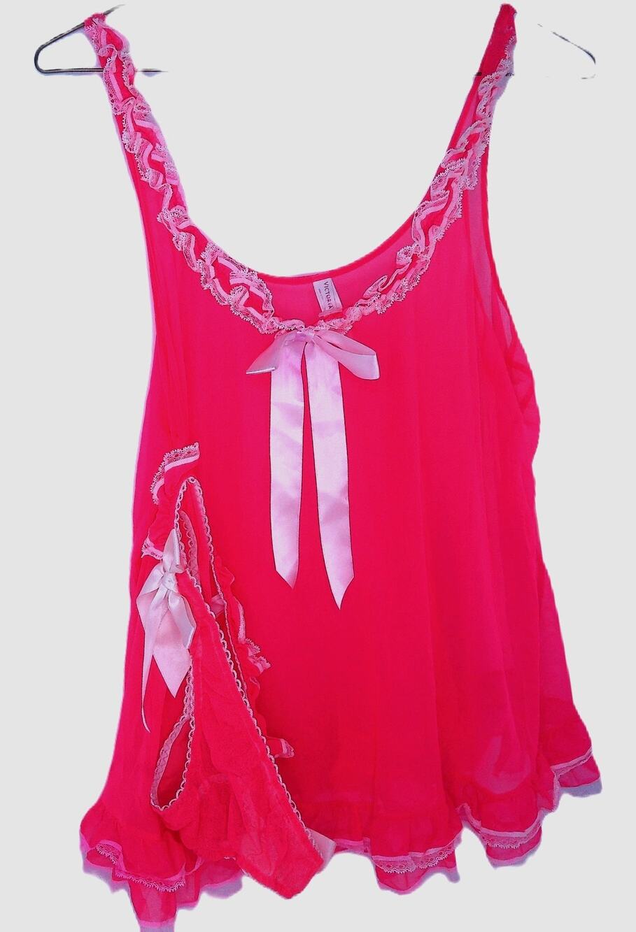 Vtg Y2K Victoria's Secret Pink Mesh Babydoll Ruffle Bow Lingerie Set Medium New